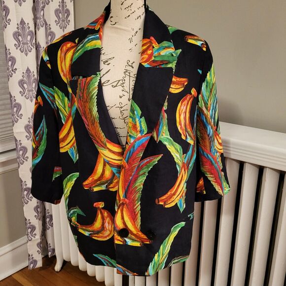 Farm Rio Preta Banana Double Breasted 100% Linen Jacket, Statement Piece, Sz M - Picture 2 of 8